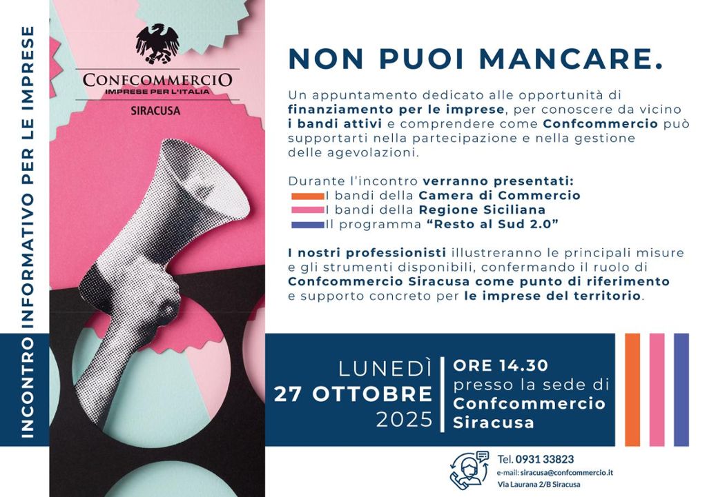 OPPORTUNITA` DI FINANZIAMENTO PER LE IMPRESE: 27 OTTOBRE ORE 14,30