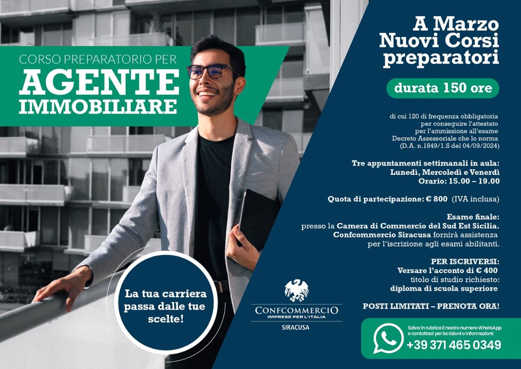 APERTE LE ISCRIZIONI AL CORSO PREPARATORIO PER AGENTE IMMOBILIARE E AGENTE CON MANDATO A TITOLO ONEROSO